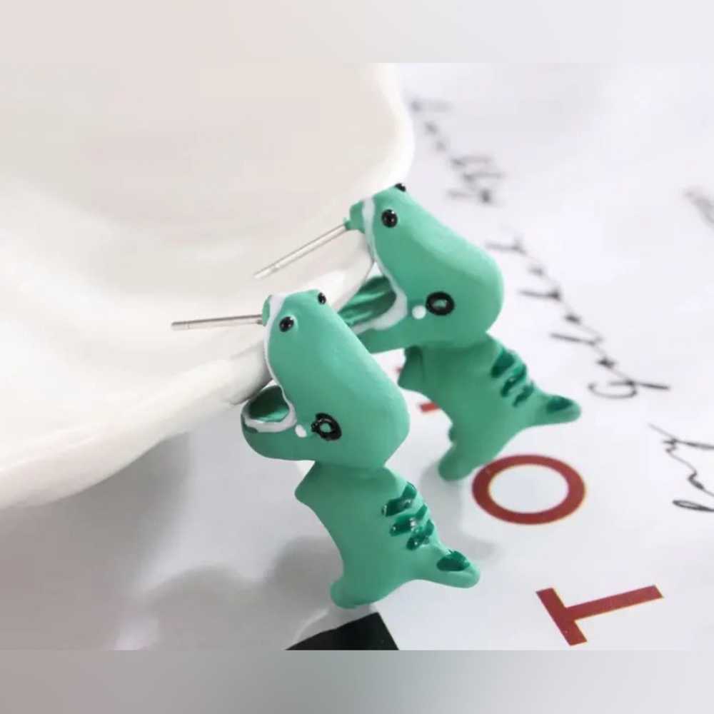 NWT - Adorable T-Rex “biting” earrings - lightweight clay handcrafted!